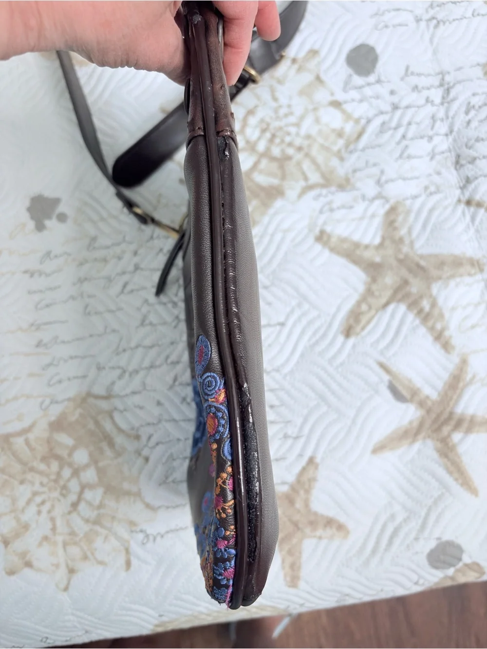 Desigual Brown Leather Crossbody with Embroidered Floral Mandala